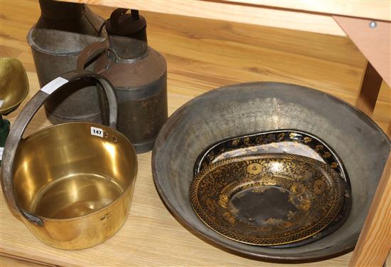 A brass preserve pan, two Toleware trays, milk churns and skimming pan